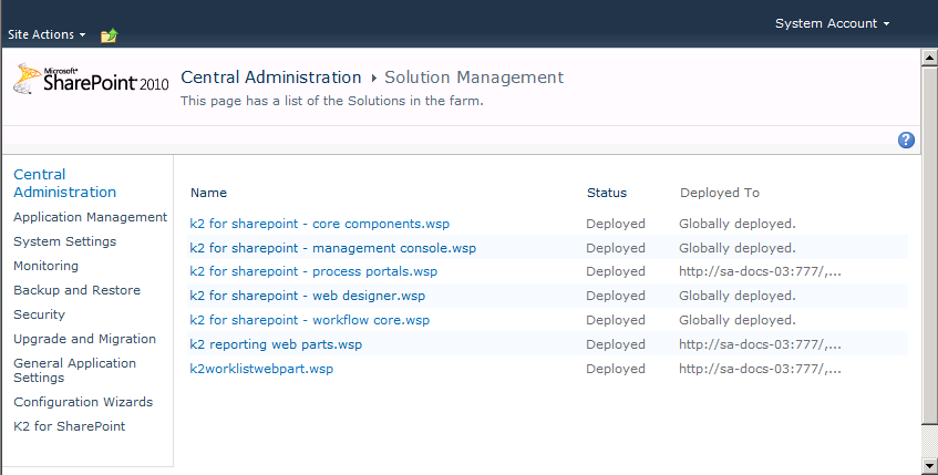 K2 for SharePoint Solutions Management